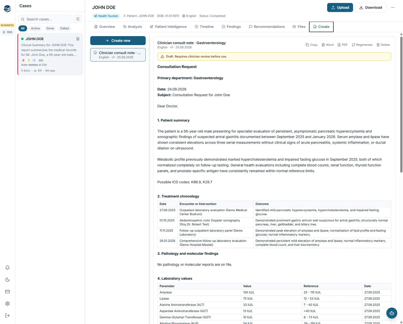 A clinician consult note MedGuide drafted from a demo patient's records