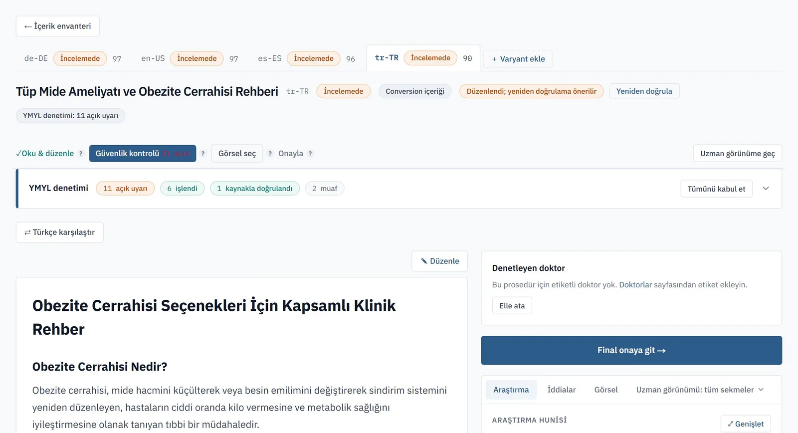 Content cockpit with market variants, quality scores and a sentence-level YMYL audit